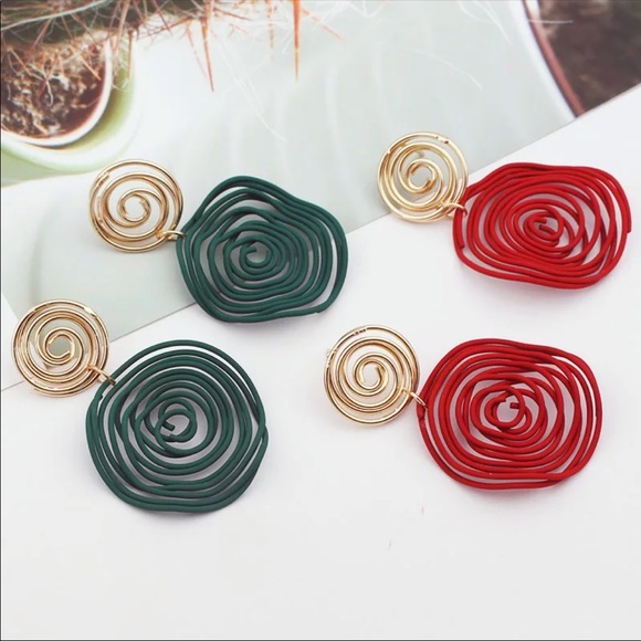 "Kendra" Asymmetrical Retro Hoop Gold Turquoise Abstract Art Geometric Earrings - Picture 6 of 10